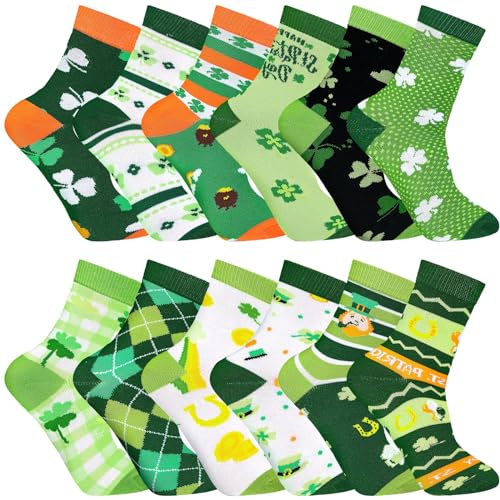 Image of 12 Pairs St. Patrick's Day Socks Fun Shamrock Clover Irish Black Green Novelty Crew Dress Socks St. Patricks Day Party Gift for Womens Men