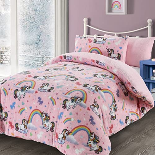 ELAFY Unicorn Teddy Fleece Duvet Set Single Fluffy Bedding | Childrens Kids Bedding Sets Girls | Unicorn Bedding Single Kids With Matching Pillowcase