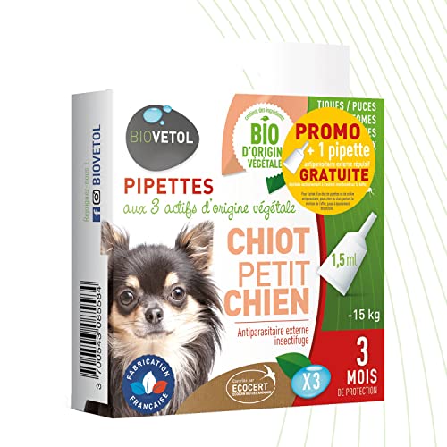 Biovetol - Pipettes Antiparasitaires Chien - Antiparasitaire Bio Certifié Ecocert - Anti-puces, Anti-Tiques - Petit Chien et Chiot (-15 kg) - 3 x 1,5 ML