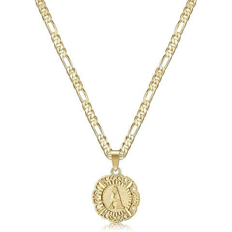 KissYan Initial Necklaces for Women, 14K Gold Plated Round Letter Pendant Capital Monogram Necklace Alphabets from A-Z Figaro Chain Jewelry