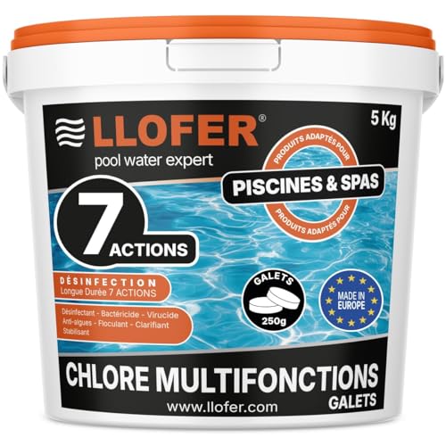 LLOFER - Chlore Multifonction en Galet de 250g - 5kg - Désinfection Longue Durée 7 en 1, Haute Teneur en Chlore (92%), Fabriqué en Europe