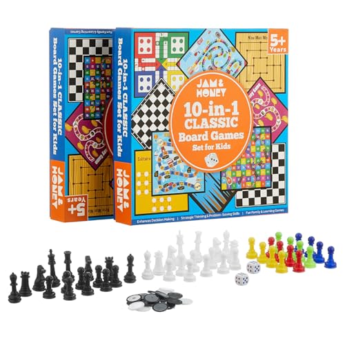 Image of Amazon Brand - Jam & Honey 10-in-1 Classic Board Games for Smart Kids|Chess,Ludo,Snakes & Ladders,Checkers & More|Boosts Decision Making,Strategic Thinking & Problem Solving|Ages 5+ Years(Multicolor)