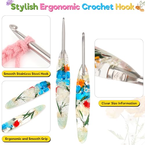 Image of Katech 5 PCS Crochet Hook Set with Case (4.0mm, 5.0mm, 5.5mm, 6.0mm, 6.5mm) | Hand-Polished Stainless Steel Crochet Hooks with Dried Floral Grip, Ergonomic Crochet Hook for Arthritic Hands & Beginners