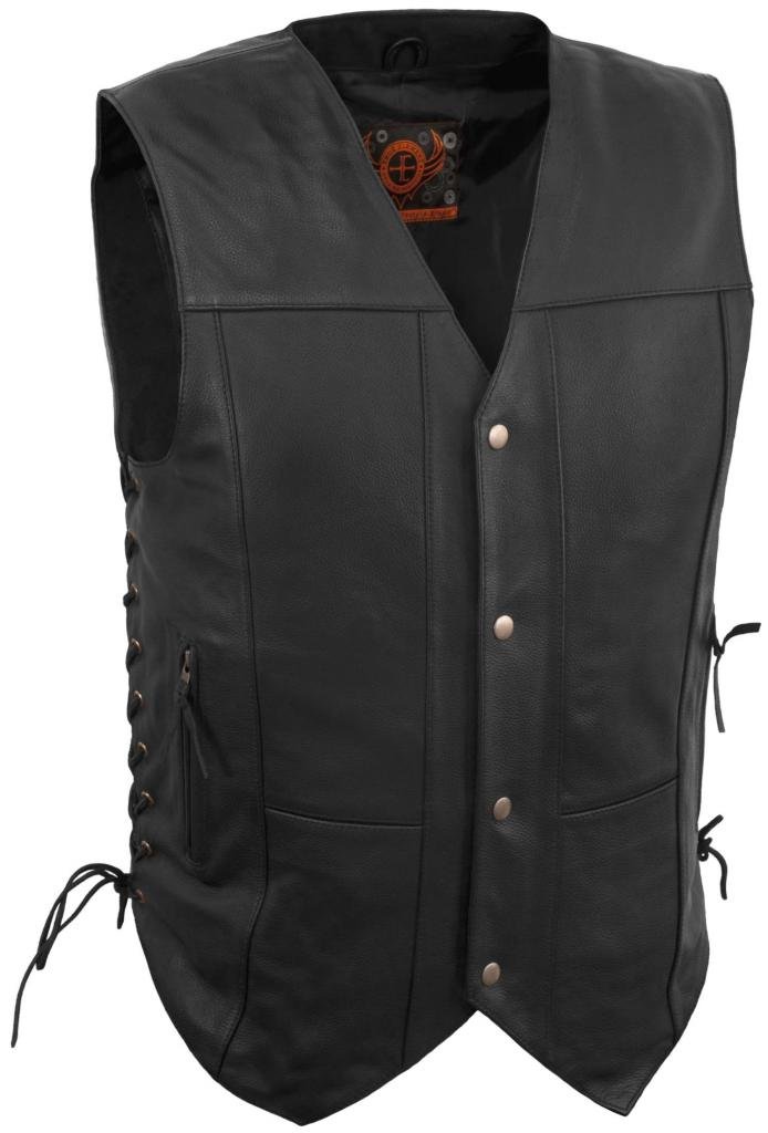 True Element Mens 10 Pocket Traditional Motorcycle Leather Vest (Black, Sizes S-5XL)