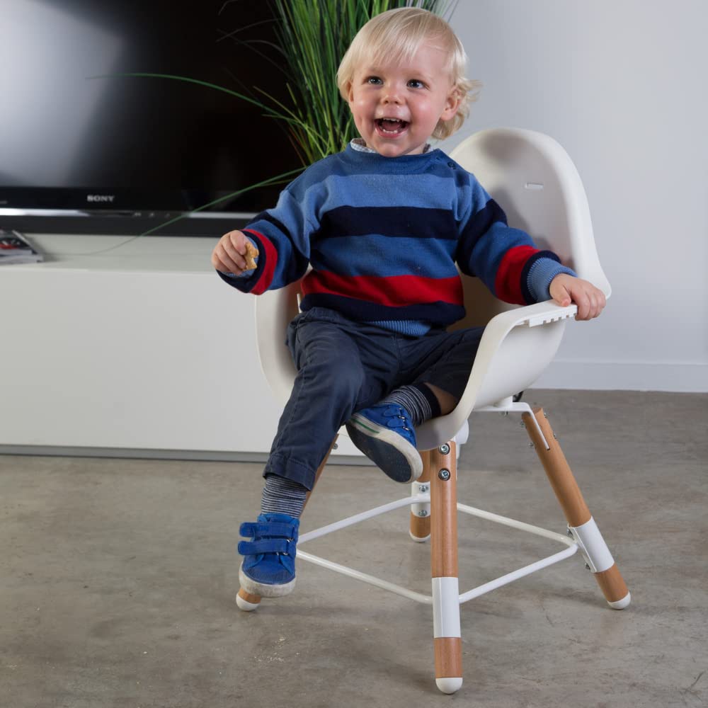 CHILDHOME, Chaise Haute Bébé/Enfant, Evolutive, Dès 6 mois, Réglable en Hauteur, Harnais 5 Points, Nombreux Accessoires, Compatible avec Transat Naissance Evolu, Bois de Hêtre, Evolu 2, Blanc
