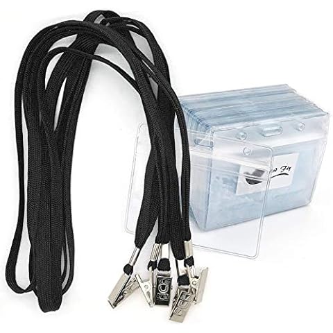 50 Pcs Waterproof Type Clear Plastic Horizontal Name Tag Badge Id Card and 50 Pcs Black Lanyard Cover