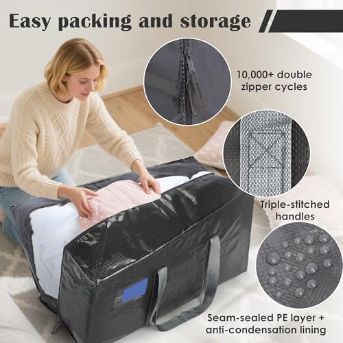 Image of 12 Pack Moving Bags with Full-Open Side Zipper, Extra Large 93L Heavy Duty Waterproof Foldable Storage Totes for College Dorm, Moving & Home Organization Gray
