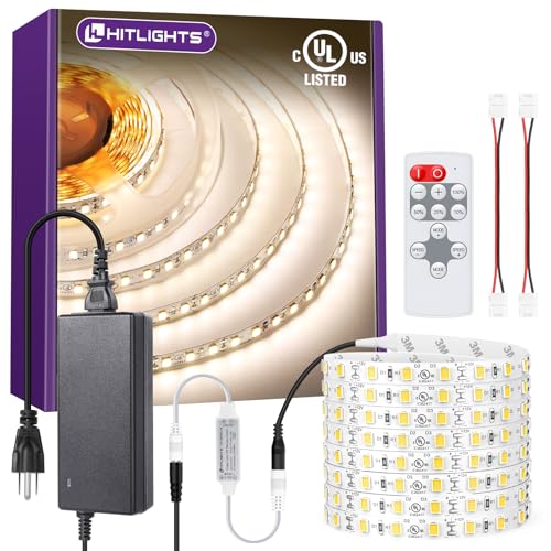 HitLights White LED Strip Lights Kit with Remote & 12V Power Supply, 16.4ft High Density Dimmable...