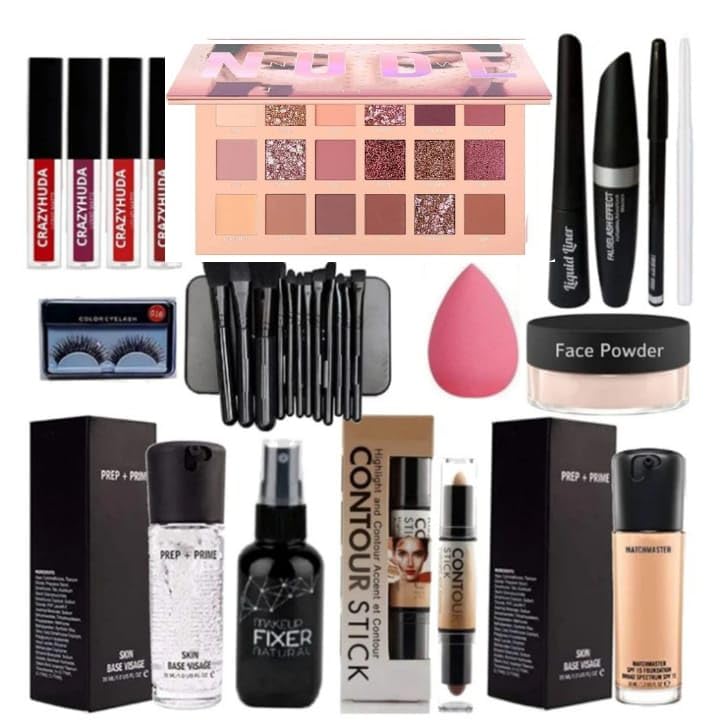 CRAZYHUDA Combo Lipstick 4 Pcs, Eyeshadow, Kajal Liner Mascara, White Kajal, Makeup Blander, Loose Face Powder, Brush Box, Eyelashes, Primer, Foundation, 2 In 1 Contour Stick, Fixer, Pack Of 17