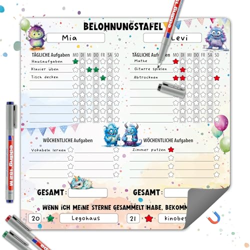 Magnetische Belohnungstafel Kinder – Monster Design, für 2 Kinder, täglichen & wöchentlichen Aufgaben | Routine Planer Kinder Morgen- & Abendroutine | 30 x 30 cm, abwischbar (Monster inkl. 4 Stifte)