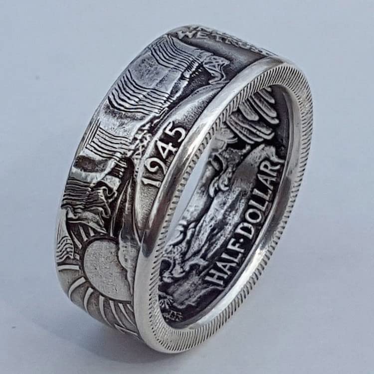 Silver Morgan Dollar Coin Ring 1945 Morgan Dollar Ring - Morgan Silver Dollar Coin Design Ring - Coin Ring Men National Emblem Engraved Signet Rings for Men Women One Dollar Coin Rings Size 82