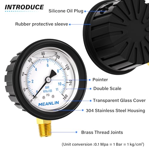 Image of MEANLIN MEASURE 0~160Psi Stainless Steel Liquid Filled Pressure Gauge 1 /4 inch NPT 2.5 inch FACE DIAL with Rubber Protective Sleeve, Lower Mount