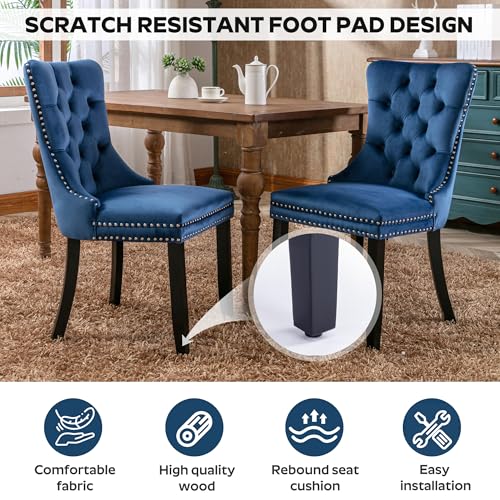 Image of 5-Piece Dining Table Set with 47In Tempered Glass Table and 4 Velvet Upholstered Chairs, Modern Scandinavian Furniture for Dining Room Kitchen(Blue)