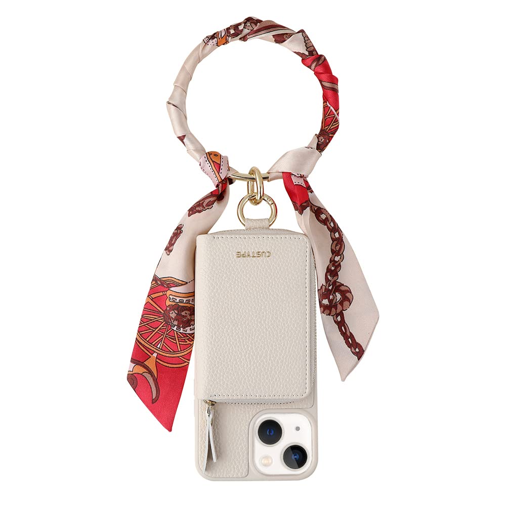 CUSTYPE for iPhone 14 Wallet Case, for iPhone 14 Case with Card Holder for iPhone Phone Case with Strap for Women Leather Phone Case Wallet Purse Case with Wrist (6.1 inch-Bangle with Silk Scarf)