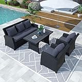 BONZEA Patio Furniture, 4 Piece Outdoor Wicker Rattan Sofa Set with 3-Seat Couch, Dining Table and...