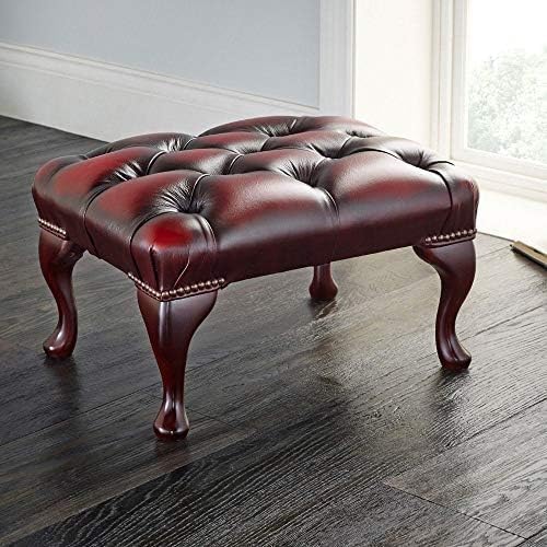 The Footstool Company Chesterfield Leather Footstool Antique Oxblood Red | Button Tufted Upholstered Ottoman Foot Rest with Queen Anne Mahogany Legs | 61 x 45 x 33cm