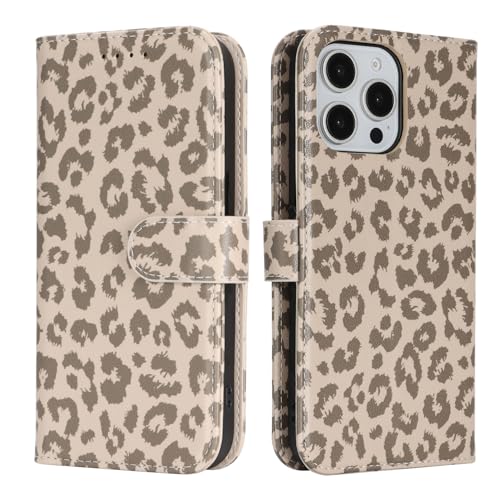 Image of for iPhone 14 Pro Max Case Wallet with Card Holder,for iPhone 14 Pro Max Wallet Case for Women Men,PU Leather Shockproof Magnetic Buckle Stand Flip Phone Case-Beige Leopard
