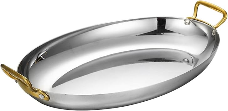 Oval Spanish Paella Pan - Stainless Steel Seafood Lobster Plate Non Stick Uncoated with Dual Handle for Homes Or Restaurants Silver,25.5cm