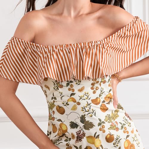 Woman Summer Floral Off Shoulder Long Dress Elastic Ruffled Short Sleeves Maxi Dresses Slim Fit Smocking Dress2