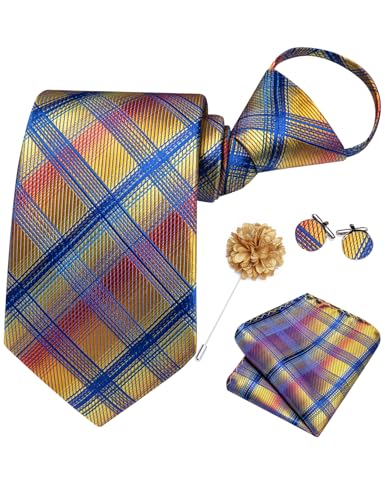 Image of Hi-Tie Zipper Ties for Men Pre-tied Tie Set Lapel Pin Pocket Square and Cufflinks Formal Business Wedding Adjustable Necktie