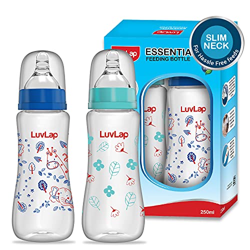Image of LuvLap Anti-Colic Slim /Regular Neck Essential Baby Feeding Bottle, 250ml (Pack of 2),Blue & Paraben Free Wipes for Baby Skin with Aloe Vera,72 Wipes /Pack with Lid Pack, 3 Packs