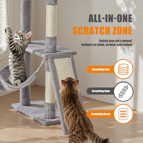 Sweetcrispy 63 inch Cat Tree Tower, Large Multi Level Cat Climbing Tower with Condo, Natural Sisal Scratching Posts, Extended Platform, Hammock, Pet House for Indoor Cats and Kittens Play, Grey by Sweetcrispy - Image 4