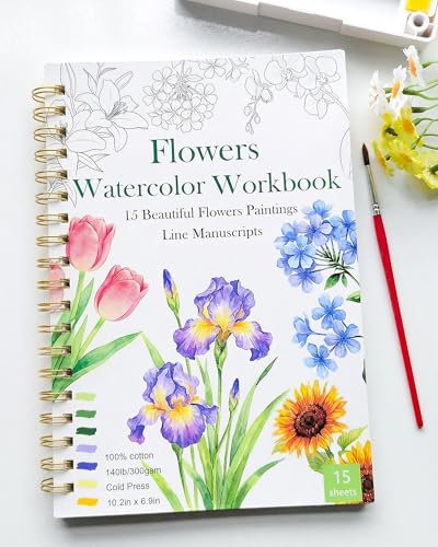 Watercolor Workbook Water Coloring Book for Adult &Teens Beginners 15 Beautiful Flowers Designs 300gsm Cold Press Cotton Watercolor Paper Perfect Gifts to Spark Creativity Stress Relief(10.2 x 6.9)
