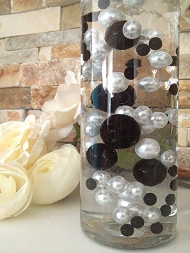 Vase Filler Pearls for Floating Pearl Centerpieces, 80 Black & White Jumbo & Mix Size Pearls, (Transparent Gel Beads Required to Create Floating Pearls Sold Separately)