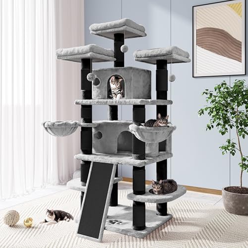 Image of Allewie 68 Inches Cat Tree /House and Towers for Big Feline /Scratching Post /Multi-Level Large Kitty Climbing Tree with Condo /Black & Grey