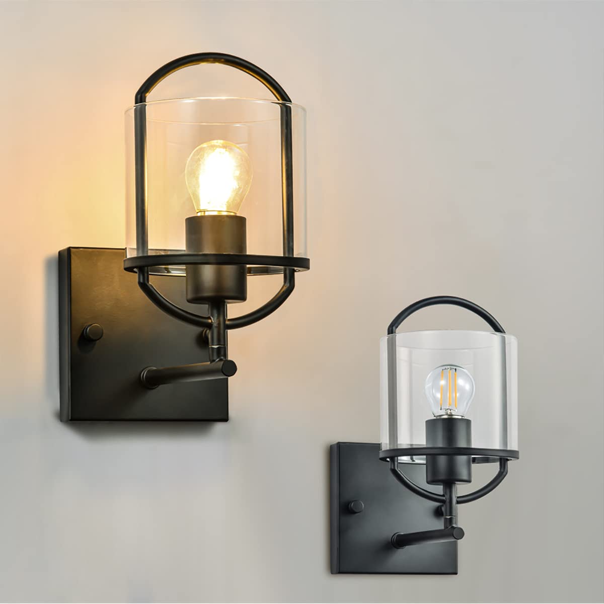 WXKAGF Lampada da Parete Industriale Nera Lampada da Parete per Interni retrò Vintage in Vetro con Base per Lampada E27, lampade da Comodino in Stile Semplice, Applique da Parete in Gabbia di Metallo