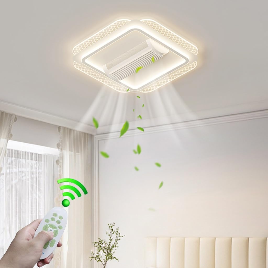 Lysdjia White Bladeless Ceiling Fans With Lights Quiet Lamp With Fan Modern Aluminum Square Semi-Recessed Mount Ceiling Fan With Remote And Dimmable Led Lights 6 Speed Fan Light For Bedroom Living Room Dini