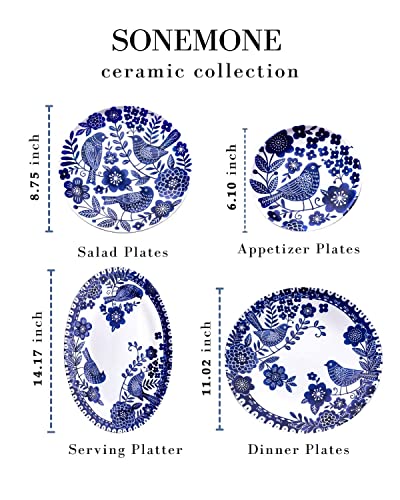 Sonemone Blue Salad Plates Set Of 4, 8.75 Inch Bird Ceramic Lunch Plates For Salad, Snack, Pasta, Microwave, Oven And Dishwasher Safe, Scratch Resistant #TOP2