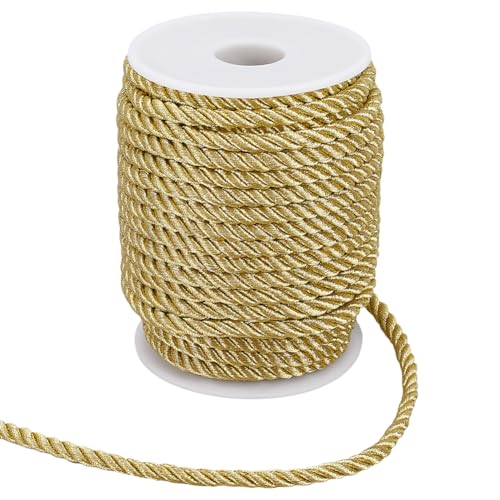 GORGECRAFT 60 Feet 6mm Twisted Cord Trim Gold Decorative Rope 3 Strand Braided Silk Thread Satin Shiny Honor Cord for Home Decor Curtain Tieback DIY Handicraft Knotting Gift Wrapping Garden Twine
