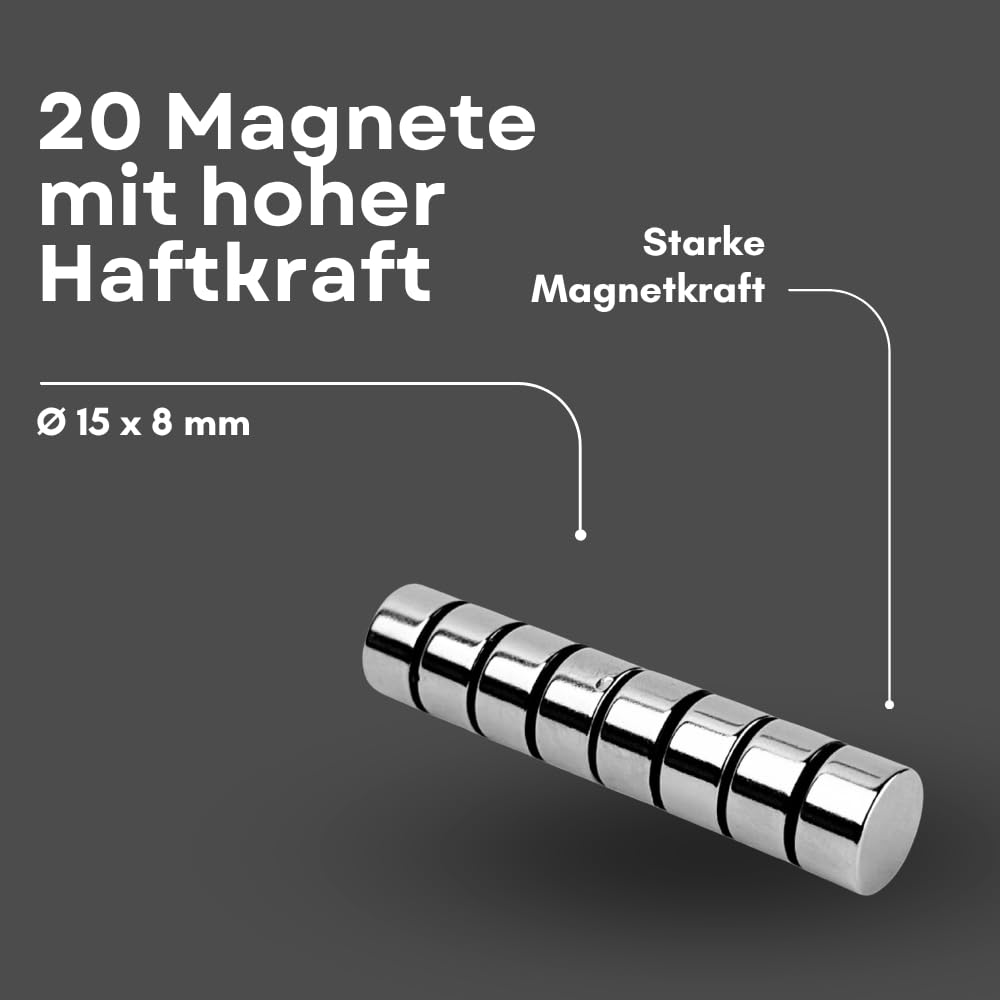 Strong Magnets Neodym Magnet - Rund 15 x 8 mm - 20 Stück - Extra stark, hält bis 6,6kg - Für Magnettafel, Kühlschrank, Whiteboard, Pinnwand, Büro