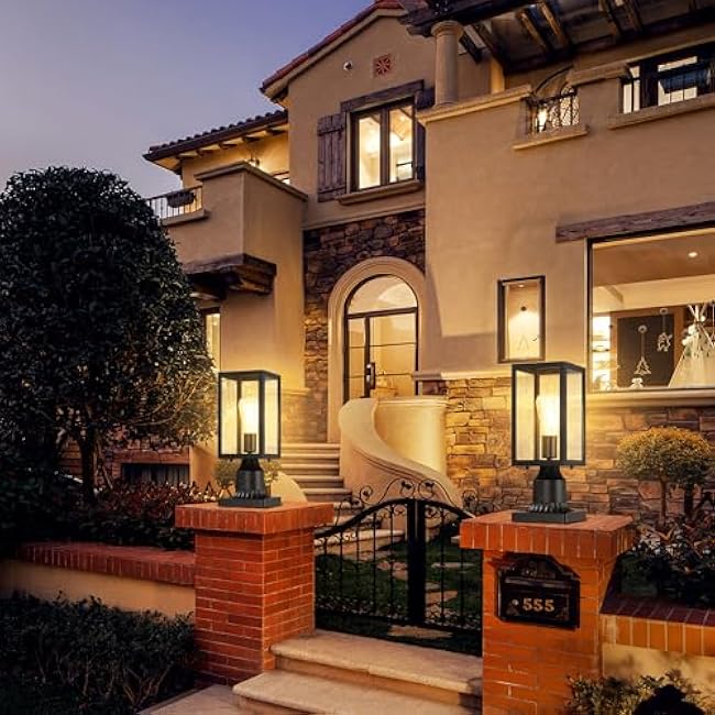 Outdoor Post Lights with Pier Mount Base, 2-Pack Modern Lamp Post Light Fixture Waterproof Pole Lights Outdoor Column Lights Exterior Post Lantern with Clear Glass for Garden Patio