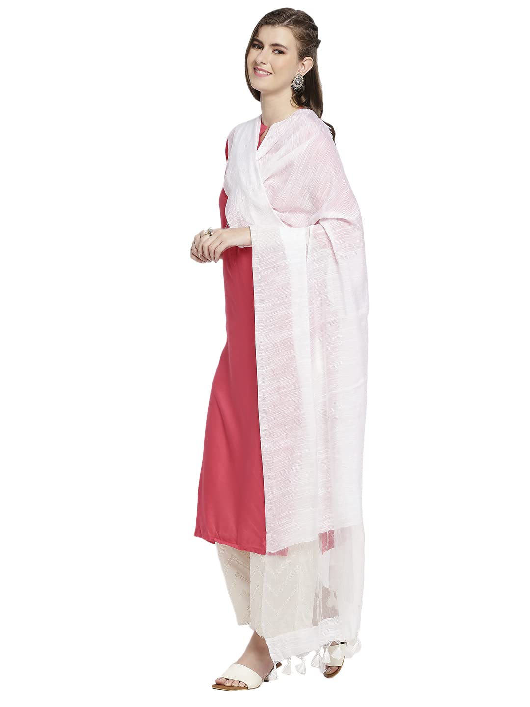 DUPATTA BAZAAR Women's White Linen Dupatta With Organza Border And Tassels, Free Size - Image 3 thumbnail