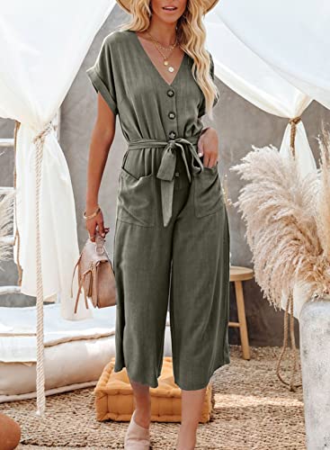 Acelitt Women'S Casual Summer V Neck Short Sleeve Button High Waist Belted Wide Leg Jumpsuits Green Medium thumb #2