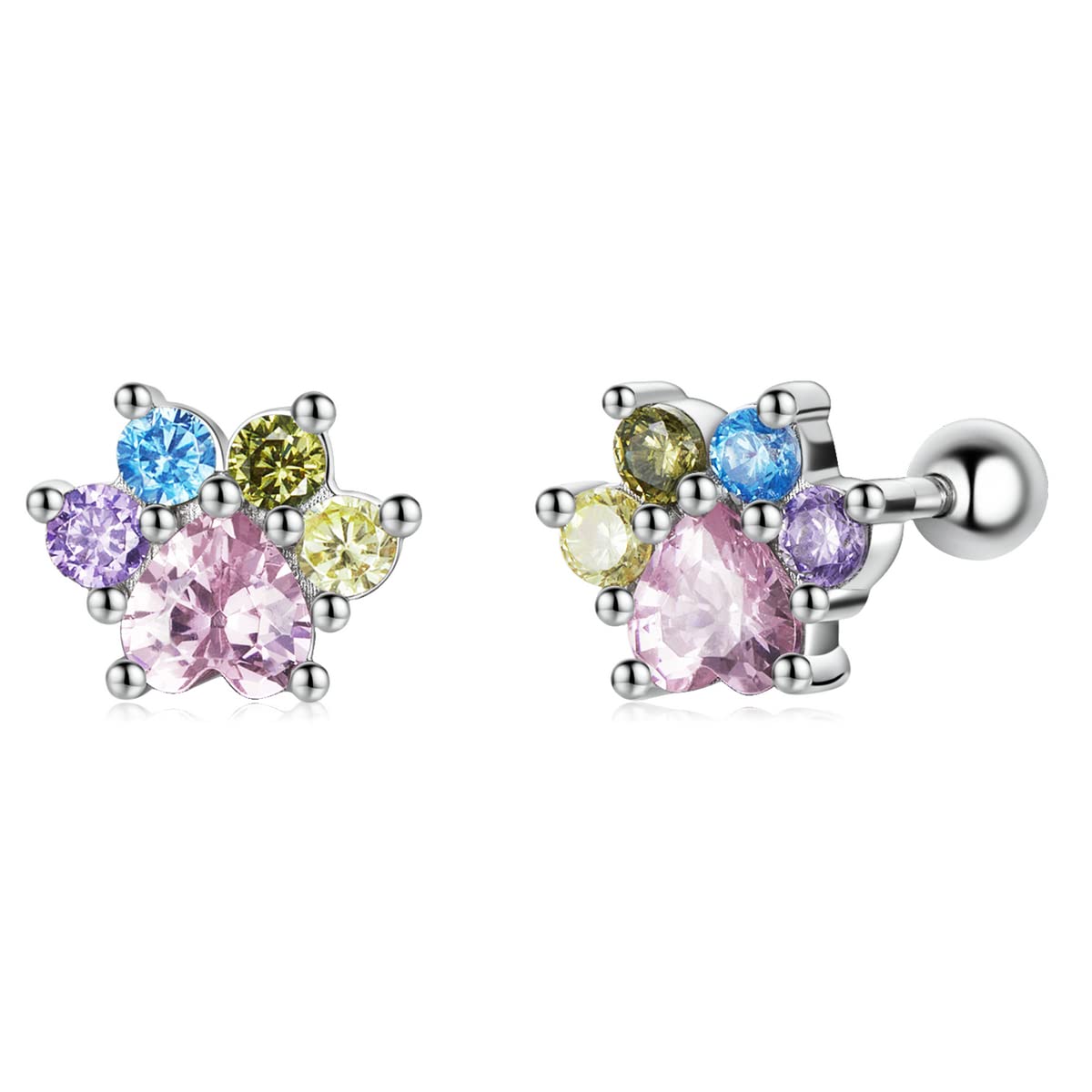 YCTTKDD Bunte Zirkonium-Pfoten-Ohrstecker, 925er-Sterlingsilber, CZ-Edelsteine, Ohrstecker für Damen, Verschluss-Stopper-Perlenschmuck