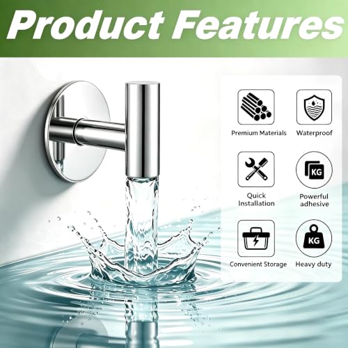 Image of Heavy Duty Adhesive Hooks, Stainless Steel Towel Hooks for Bags, Towels, Robes, Hats, Aprons - No Drill Bathroom, Kitchen, Hotel Wall Hooks (Chrome, 4 Pack)