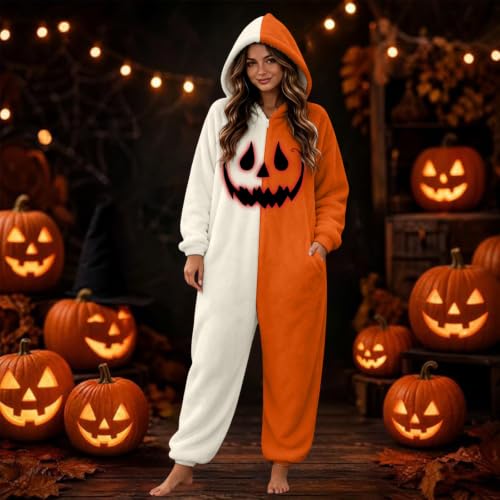 Halloween Pajamas Women Pumpkin Face Onesies Fall Winter Cozy Loungewear - image 2