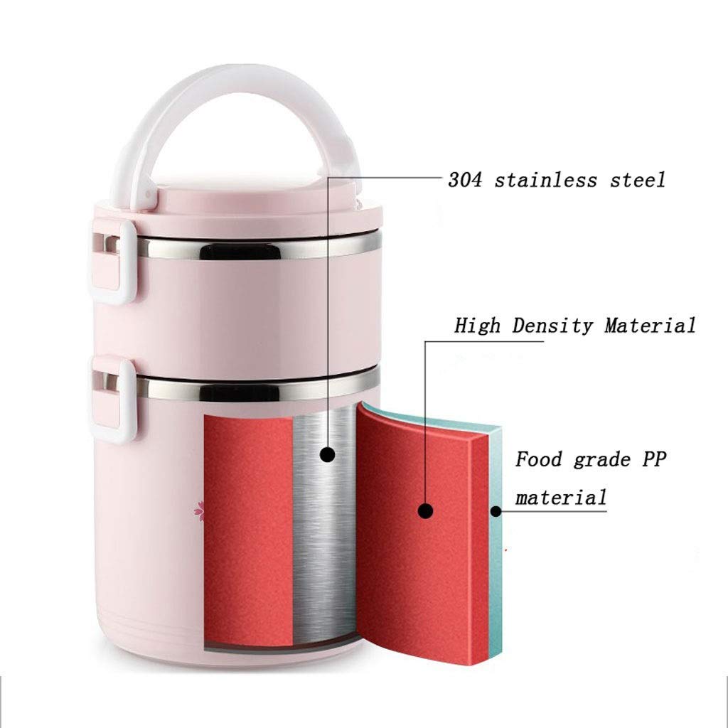 Termo de acero inoxidable de gran capacidad, contenedor de alimentos aislado con protección contra fugas, multinivel, portátil, bolsa aislada (color: rosa, tamaño: 1800 ml + 700 ml x 2), tamaño: 1800