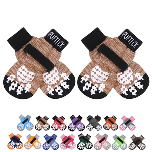 PUPTECK 2 Paar Doppelseitige Anti-Rutsch Hundesocken mit verstellbaren Riemen für den Innenbereich - Hundeschuhe Pfotenschutz Sommer Haustierpfoten Schutz Traktion Kontrolle Socken auf Hartholzboden