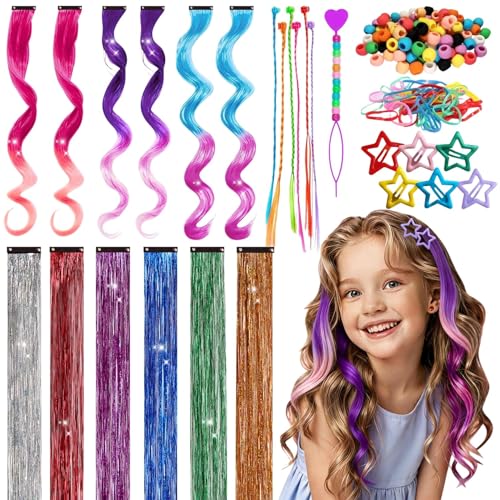 Bunte Haarsträhnen Kinder mit 6 Gewellte Haarsträhnen zum Einklipsen 6 Farben Hair Tinsel Stern-Haarspange Haarperlen Haargummis Haarschmuck Mädchen