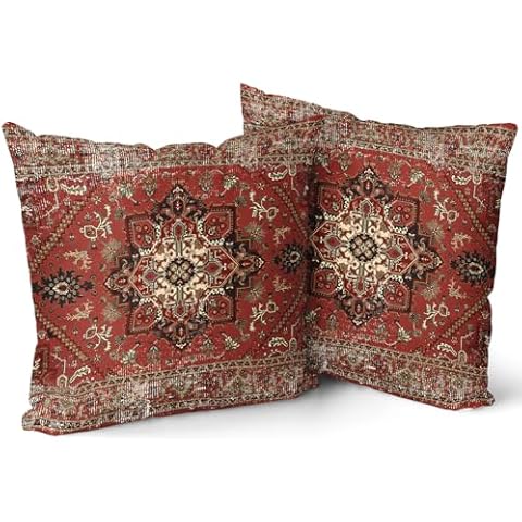 Kawani Aztec Red Bohemian Pillow Covers 20x20 Inch Ethnic Boho Flower Rug Print Carpet Pillow Cases Set of 2 Antique Tapestry Rustic Retro Throw Pillows Farmhouse Home Decor for Outdoor Cushion Couch Cover