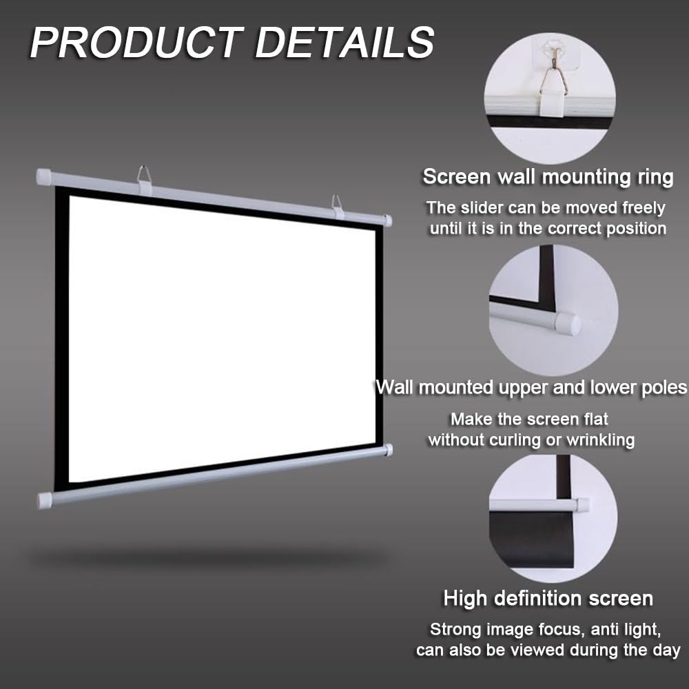 Écran De Projecteur Manuel Enroulable 40 50 60 72 Pouces Écran De Projection Home Cinéma 4K HD pour Écran De Cinéma Intérieur Extérieur, Format 4:3 16:9, Facile À Enrouler(50 inch (16:9))