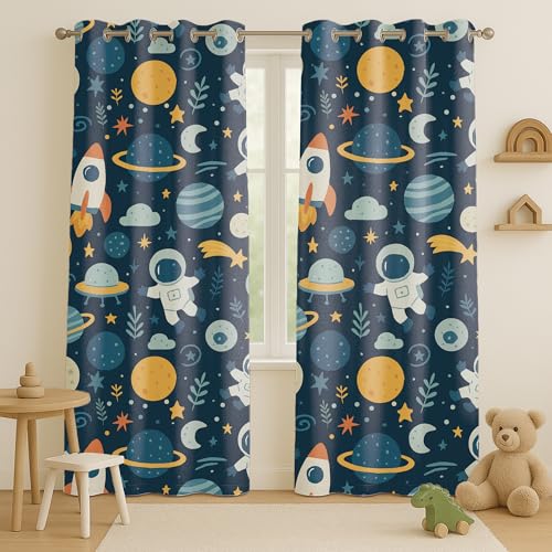 Image of STITCHNEST Velvet Kids Curtains Pack of 2 | Space Rocket & Astronaut Print | Semi Blackout Curtains for Nursery, Toddler & Kids Room | 5 Feet