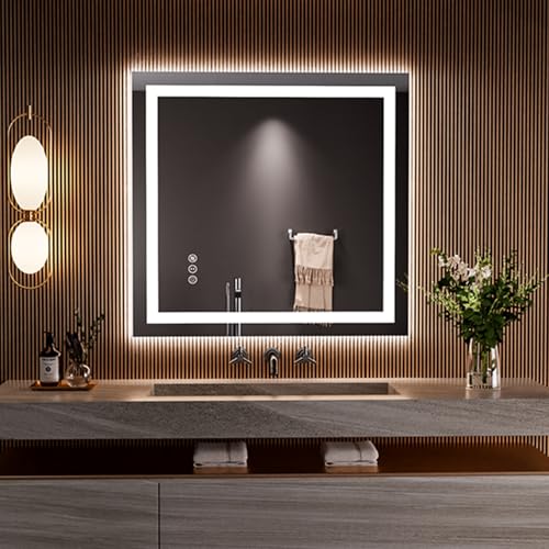 Image of LOAAO 28 inchx30 inch LED Bathroom Mirror with Lights, Anti-Fog, Dimmable, Backlit + Front Lit, Lighted Bathroom Vanity Mirror for Wall, Memory Function