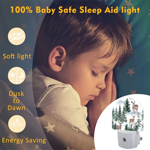 Image of Winter Deer and Snowy Forest Night Light for Kids,Christmas Pine Trees Deer Night Light Plug in with Dusk to Dawn Sensor,0.5w Energy Saving Nightlight for Hallway Stairway Kitchen Bedroom