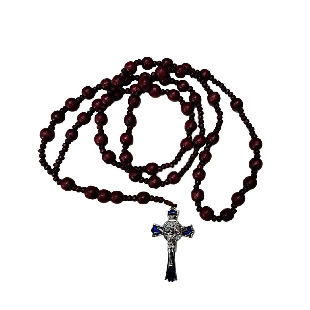 Slymet -Catholic handmade Large Rosary beads 11mm for Altar/Religious statue with Blue Enamel Crucifix, 11mm Burgundy Wood Beads, 3-inch Cross | Large Japamala | Kontha |for wall decoration-image-31
