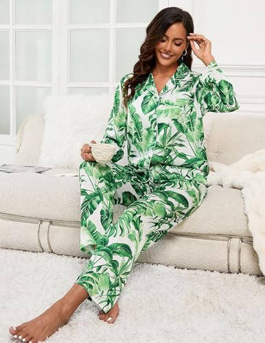 Image of UMBY Silk Satin Pajamas for Women Set 2 Piece Silk Pjs Long Sleeve Top Cozy Sleepwear Silky Pajamas
